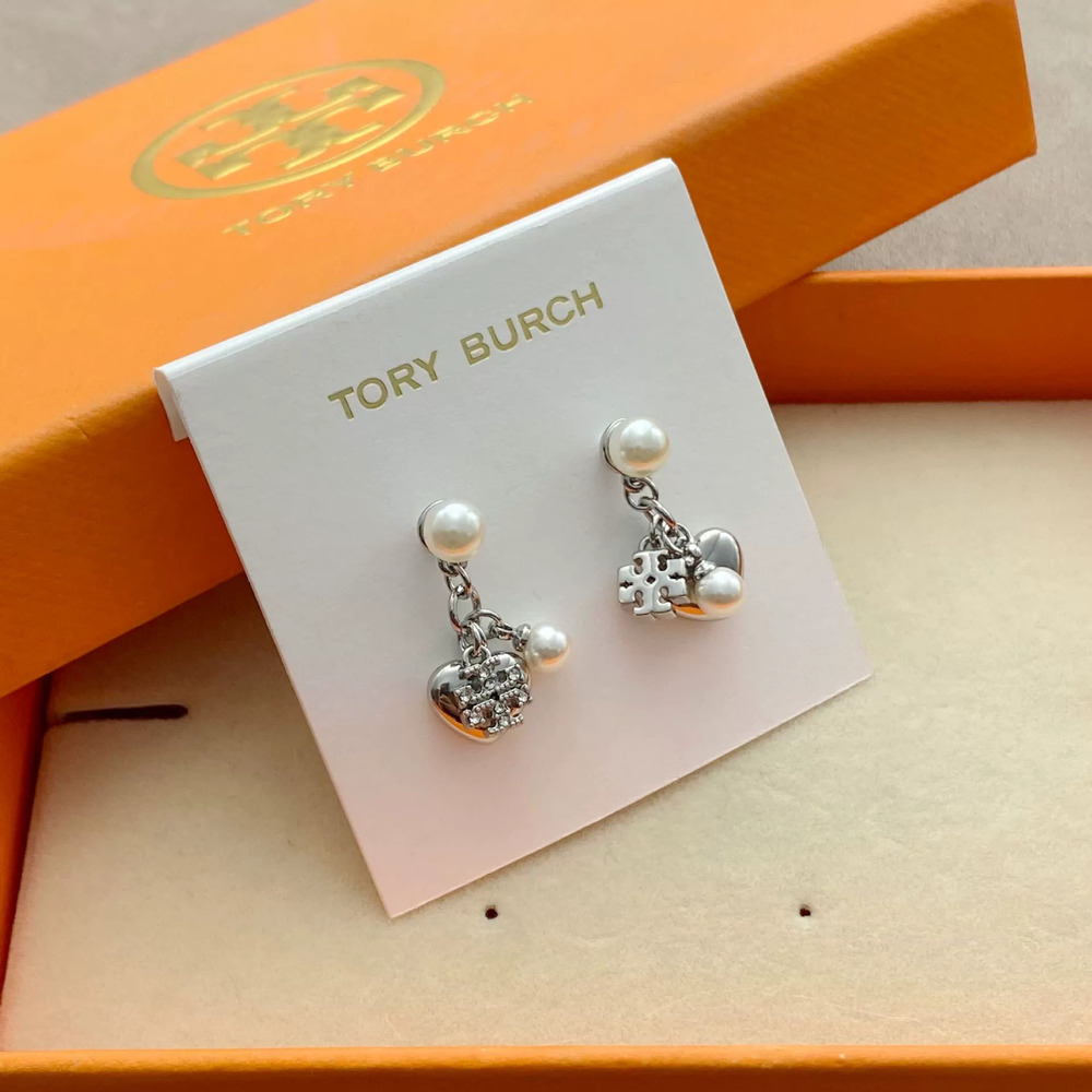 Tory Burch Gold Plated Double Heart Earrings Letter Logo Studs Necklace